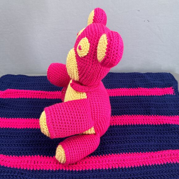 Hand Crochet Teddy Bear Plush Blanket Set Stuffed Animal Afghan Pink Blue Retro - Picture 6 of 16